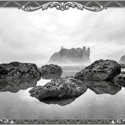 Gravure d’une île brumeuse